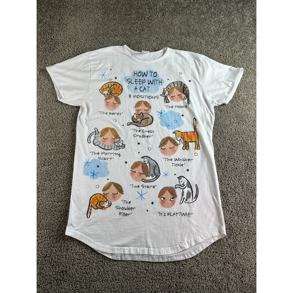 VINTAGE 90s Rel-E-Vant Products Cat Shirt Women OS White AOP Sleep With Cats - Picture 1 of 9